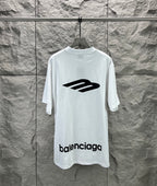 White crew-neck T-shirt with large black back logo print.
