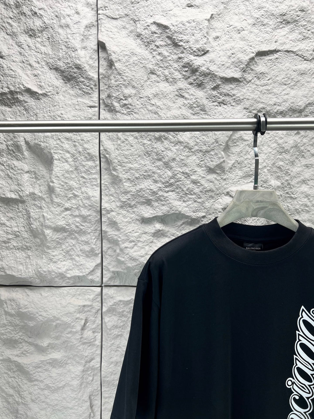 Black crewneck T-shirt with Balenciaga script logo, chest crop