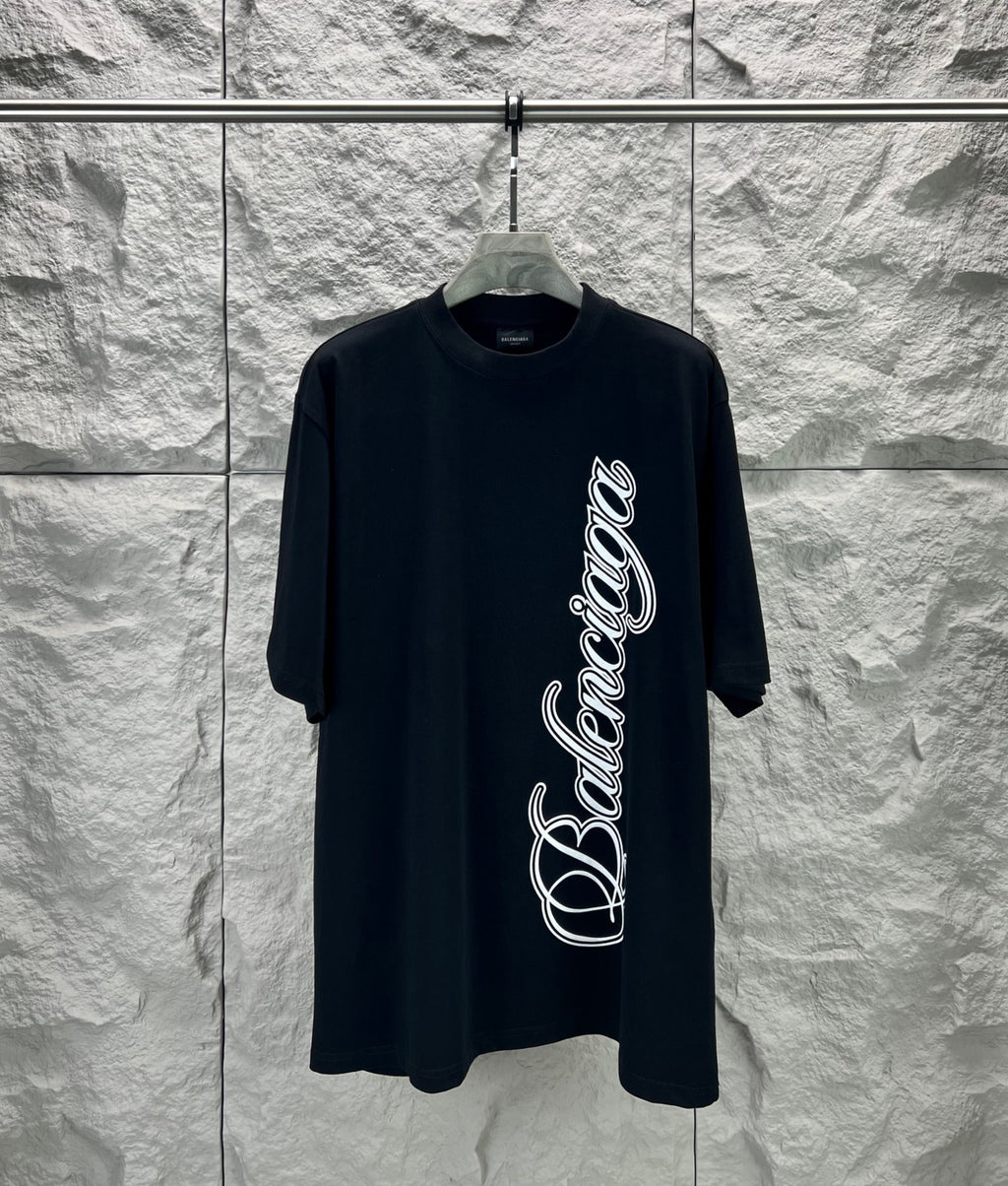 Black short-sleeve T-shirt with Balenciaga script logo on front