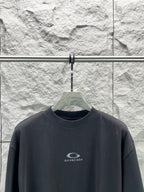 Balenciaga dark navy T-shirt close-up, crew neck and logo