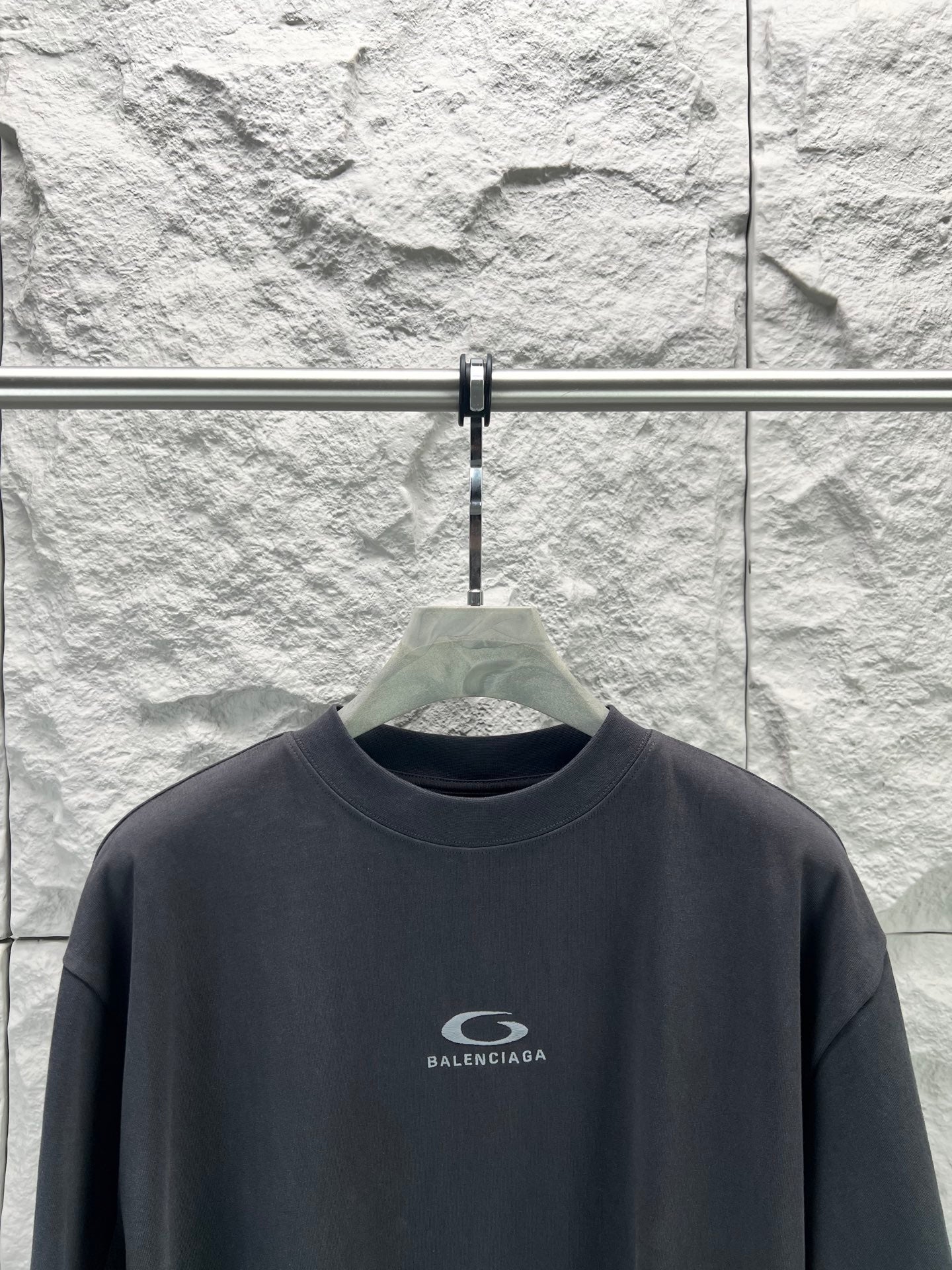 Balenciaga dark navy T-shirt close-up, crew neck and logo