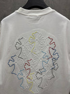 White T-shirt back with large multicolor floral embroidery and crew neck