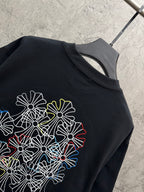 Dark navy short-sleeve T-shirt back with large multicolor floral line embroidery detail