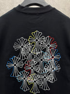 Dark navy short-sleeve T-shirt back with large multicolor floral line embroidery