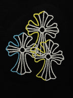 Close-up of multicolor floral line embroidery on dark fabric T-shirt