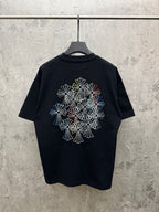 Dark navy short-sleeve T-shirt with large multicolor floral line embroidery on back