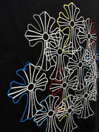 Large multicolor floral line embroidery on back of dark navy short-sleeve T-shirt