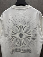 White short-sleeve T-shirt back view with large sunburst floral print