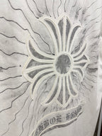 White short-sleeve T-shirt close-up of back sunburst floral graphic