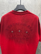 Red T-shirt back with large jeweled and embroidered graphic and lettering