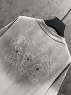 Light gray short-sleeve T-shirt with large shoulder-to-chest embroidered graphic