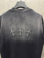 Dark gray crew-neck T-shirt with large raised back logo graphic