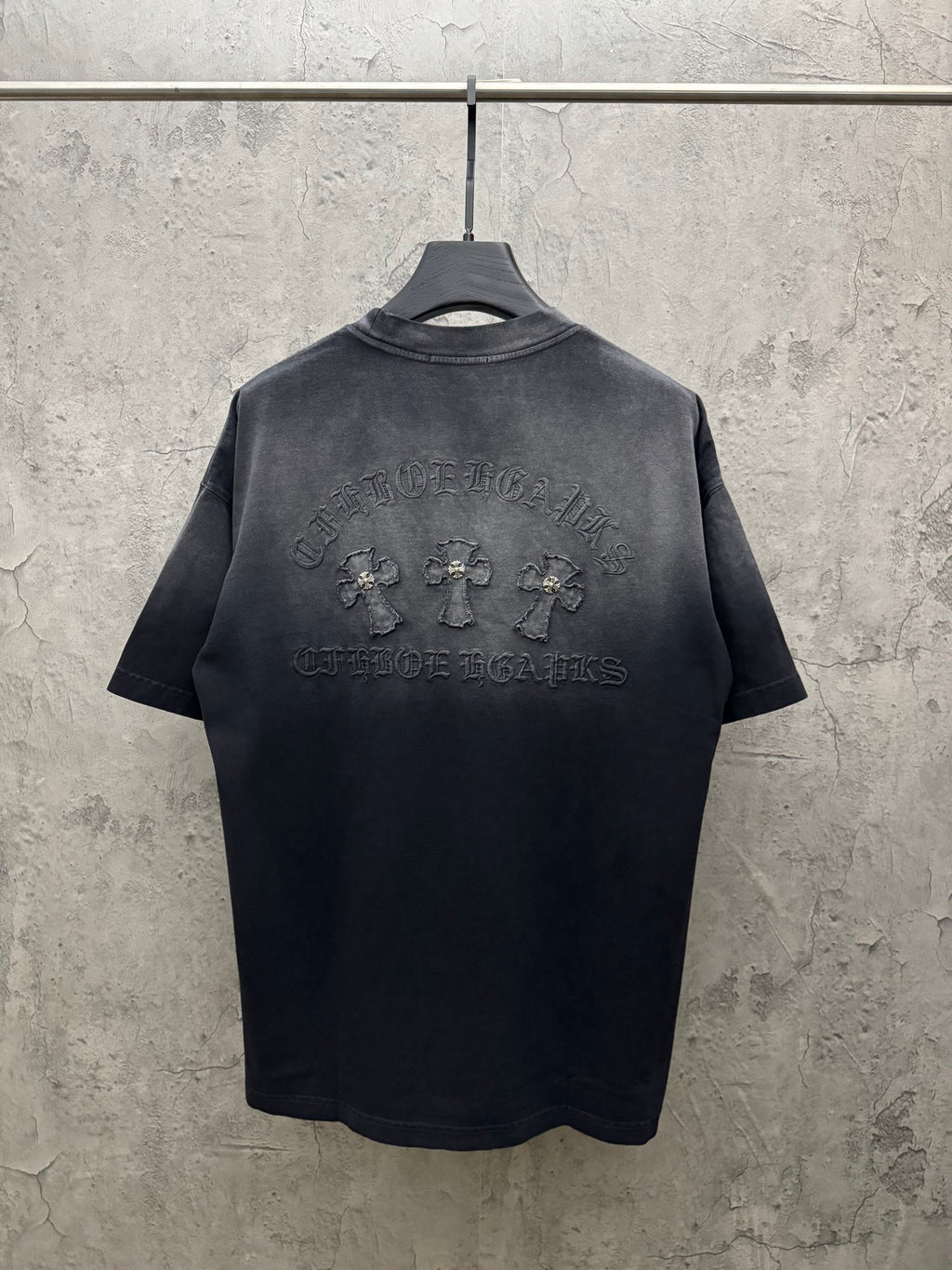 Dark gray crew-neck T-shirt with large back graphic print