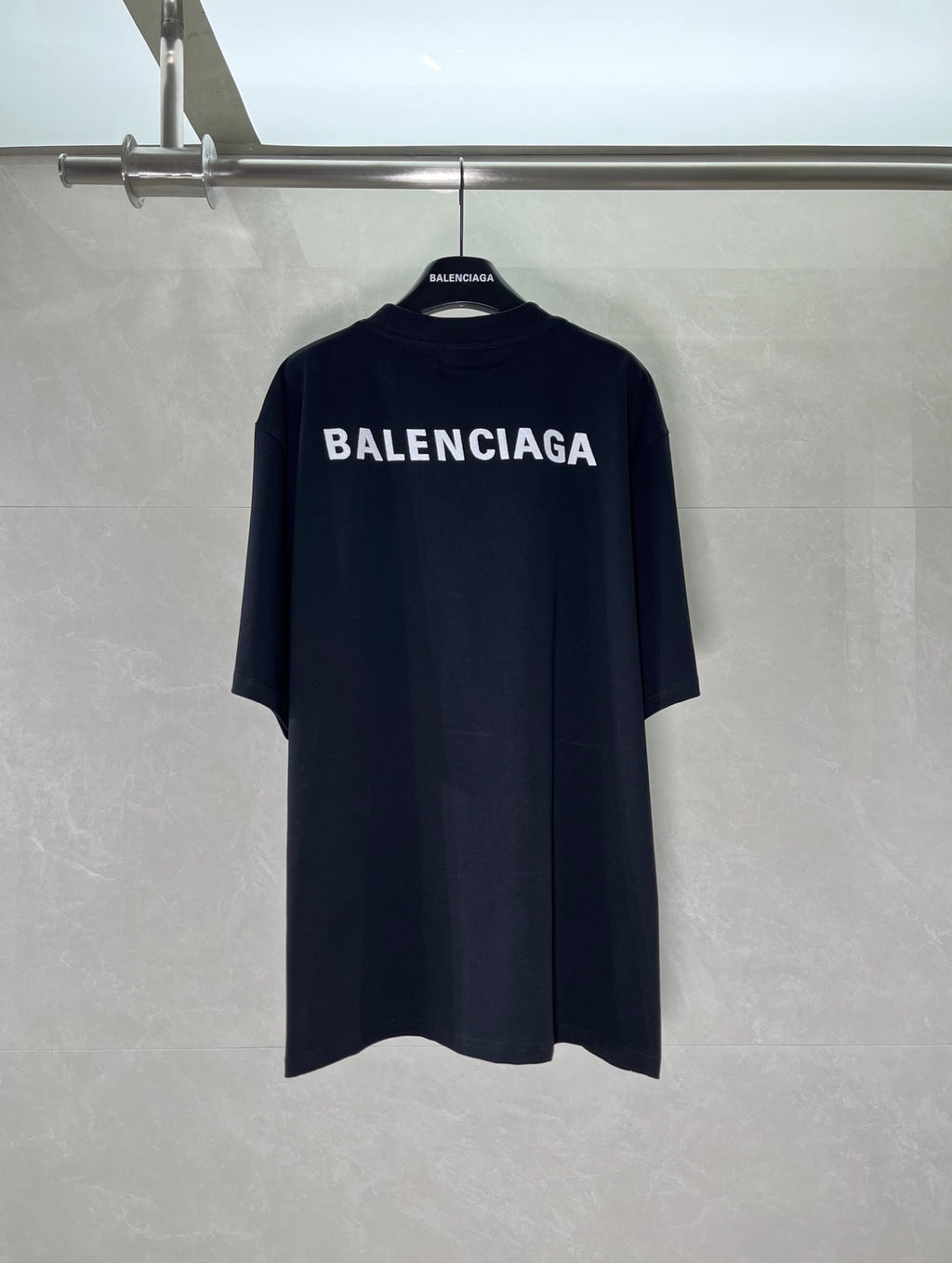 Balenciaga short-sleeve T-shirt, dark navy, bold back logo across shoulders
