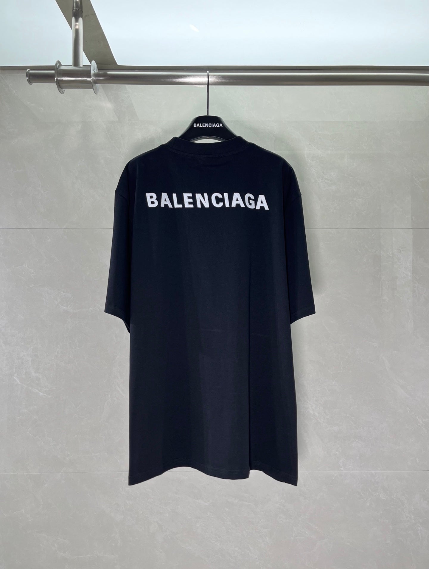Balenciaga short-sleeve T-shirt, dark navy, bold back logo across shoulders