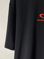 Black T-shirt side view with short sleeves and straight hem