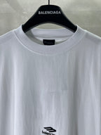 Balenciaga white T-shirt neckline close-up with small chest logo