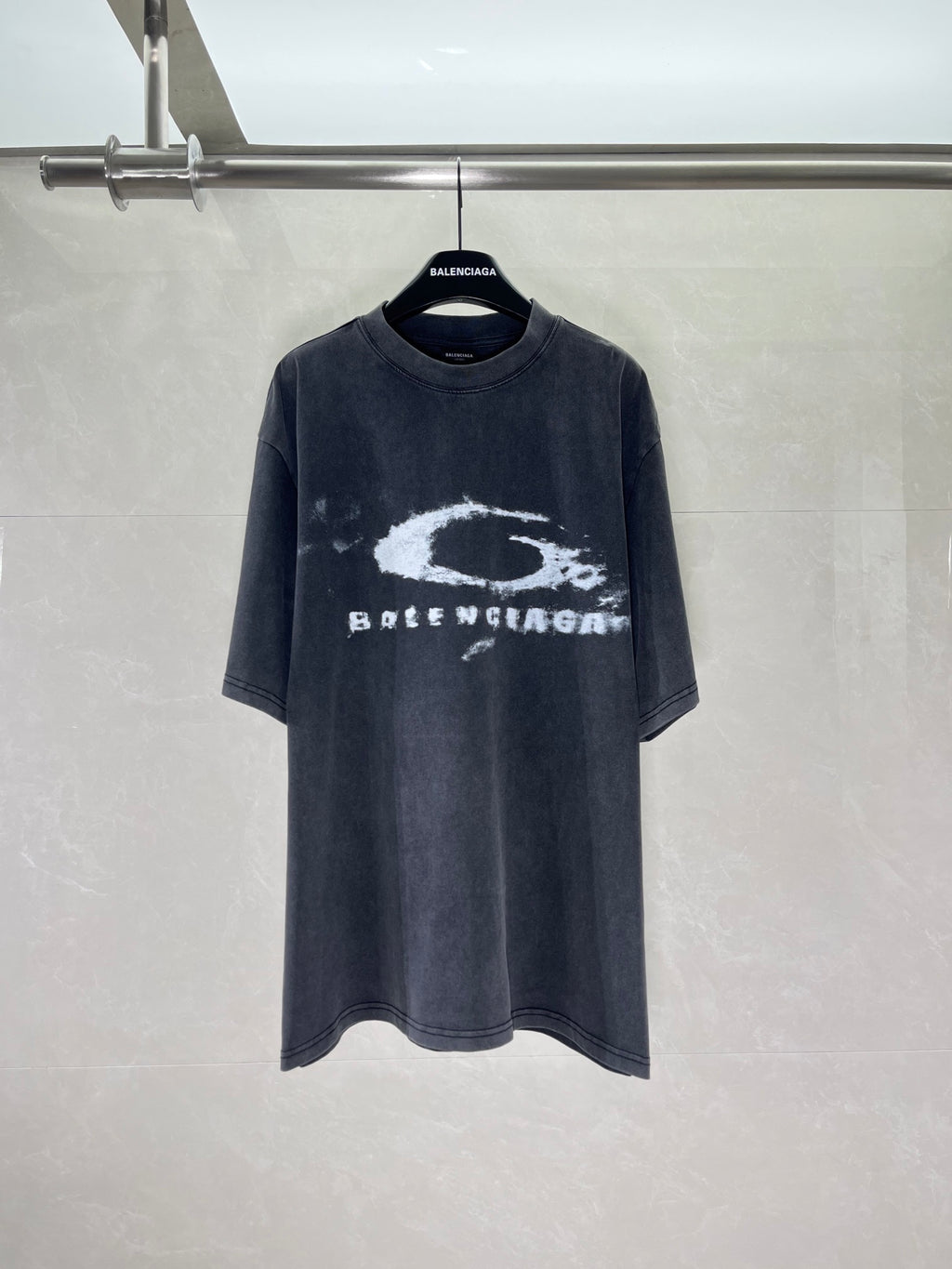 Balenciaga dark graphic short-sleeve T-shirt with large white logo print on chest
