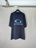 Balenciaga dark graphic T-shirt with blue oval logo and BALENCIAGA text on chest