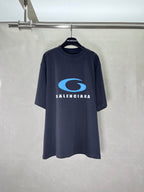 Balenciaga dark graphic T-shirt with blue oval logo and BALENCIAGA text on chest