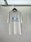 White short-sleeve T-shirt with blue BALENCIAGA logo print on chest