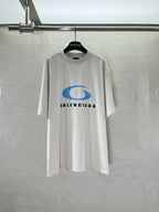 White short-sleeve T-shirt with blue BALENCIAGA logo print on chest