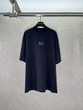 Navy short-sleeve crewneck T-shirt on hanger with BALENCIAGA logo at chest