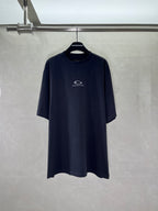 Navy short-sleeve crewneck T-shirt on hanger with BALENCIAGA logo at chest