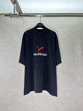 Dark navy short-sleeve T-shirt with red puma-style logo and BALENCIAGA chest print