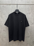 Black short-sleeve T-shirt with small chest logo and crew neck.