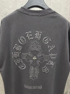 Dark gray crewneck T-shirt with large back cross emblem and small lower label