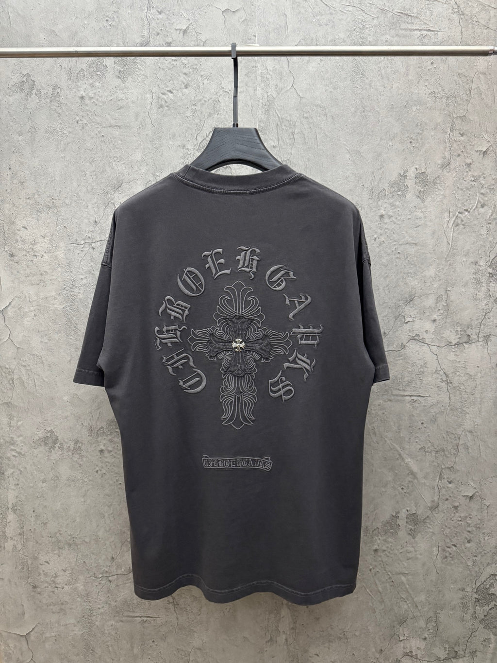 Dark gray short-sleeve crewneck T-shirt with large back cross emblem print