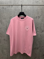 Light pink short-sleeve T-shirt with small chest floral embroidery