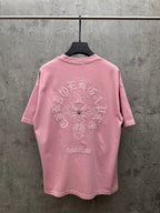 Light pink short-sleeve T-shirt with large back decorative embroidery graphic