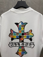 Back view white crewneck T-shirt with large colorful cross and banner graphic