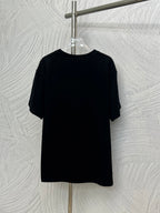 Black short-sleeve T-shirt with crew neck, plain front