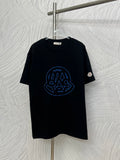Black Moncler short-sleeve T-shirt with blue outline logo graphic