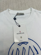 White T-shirt front with Moncler neck tag and blue graphic