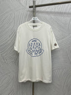 White short-sleeve T-shirt with blue logo graphic on front