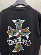 Black short-sleeve T-shirt back with large multicolor cross and ribbon