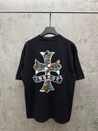 Black short-sleeve T-shirt with large back cross graphic and ribbon text