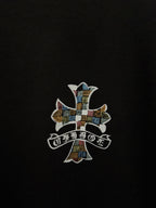 Black T-shirt with centered multicolor cross graphic print
