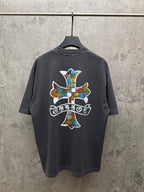 Dark gray short-sleeve T-shirt with large multicolor cross graphic on back