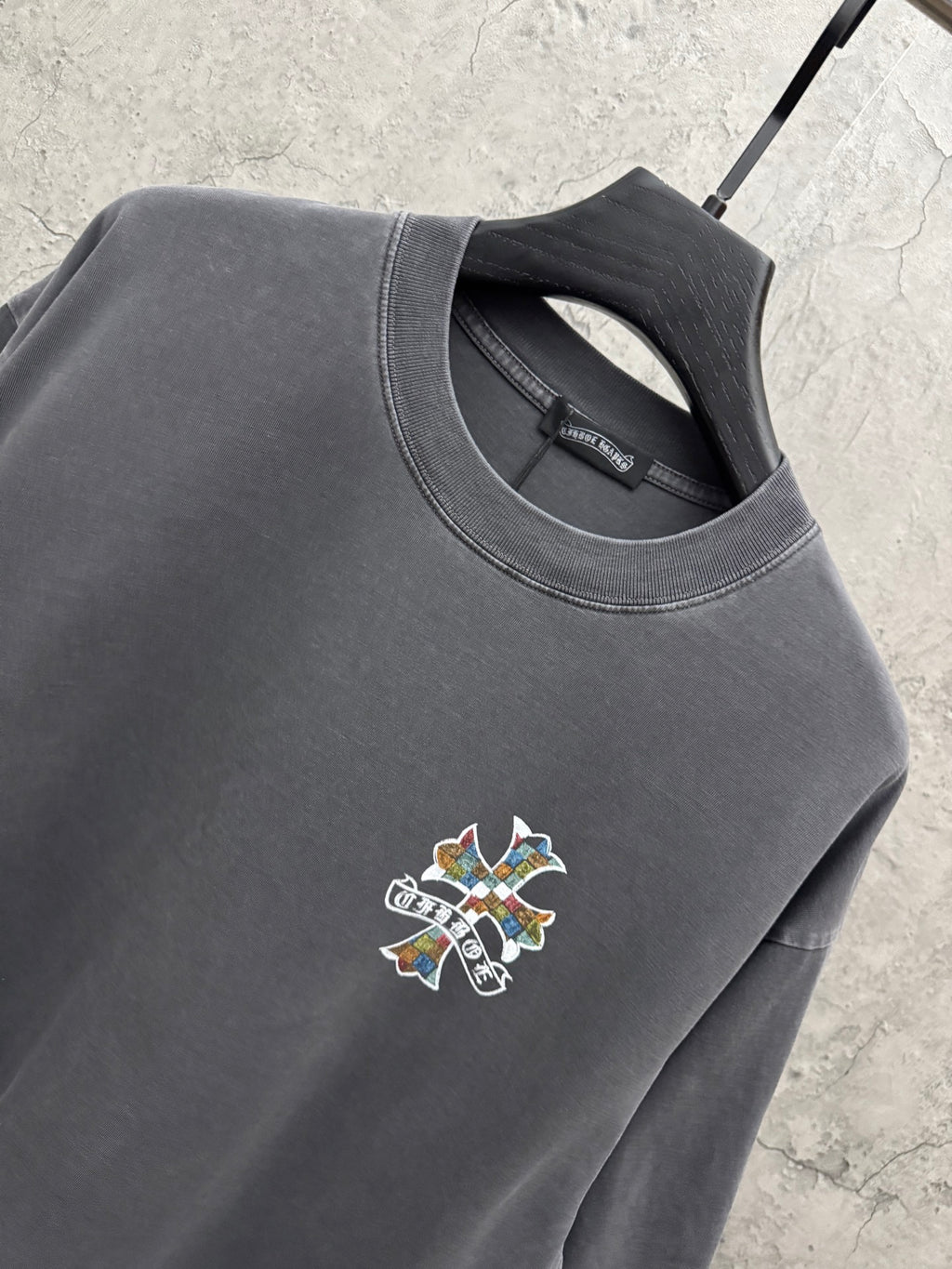 Dark gray short-sleeve T-shirt with crew neck and small chest cross logo