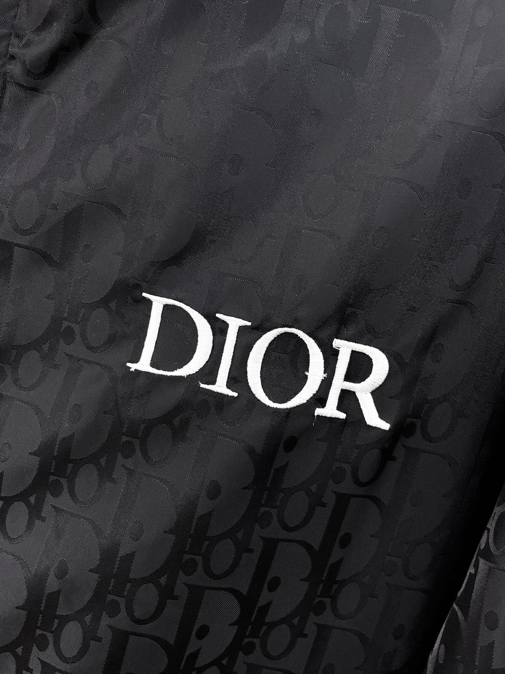Dior hooded jacket detail, DIOR logo on dark patterned fabric