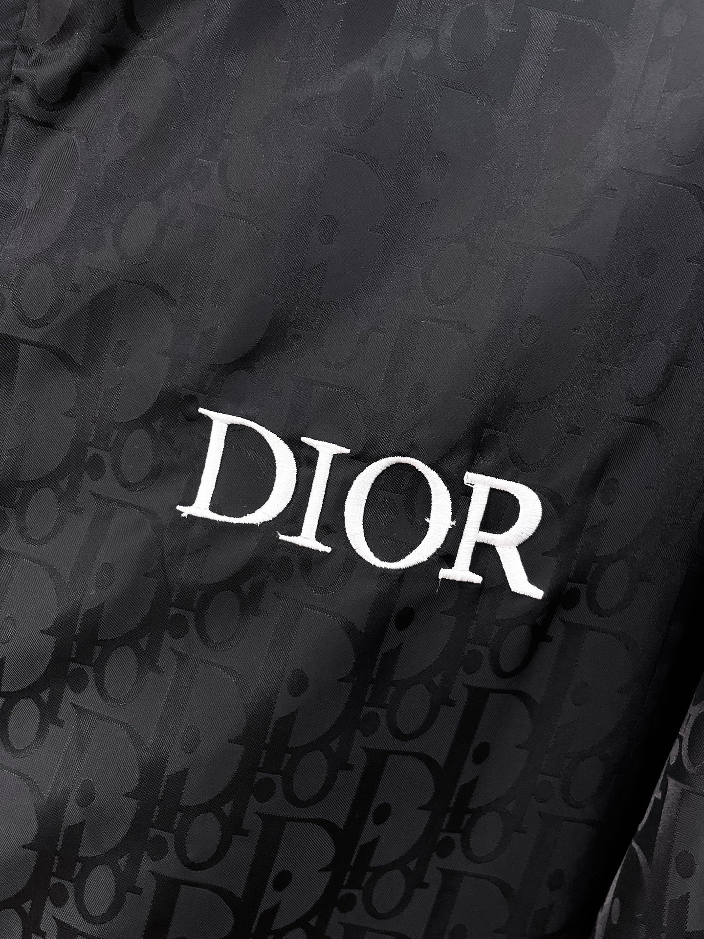 Dior hooded jacket detail, DIOR logo on dark patterned fabric