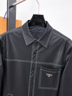 Prada long-sleeve button-up shirt, dark with contrast stitching and chest pocket