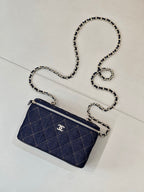 Chanel mini quilted bag, dark blue, with chain strap, zipper top, and CC logo