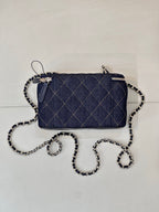 Chanel mini quilted bag in dark blue with chain strap and top zipper, angled view