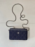 Chanel mini quilted shoulder bag in dark blue with chain strap and top zip
